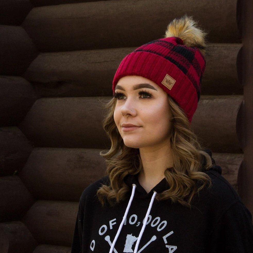 Red and black pom hat for winter