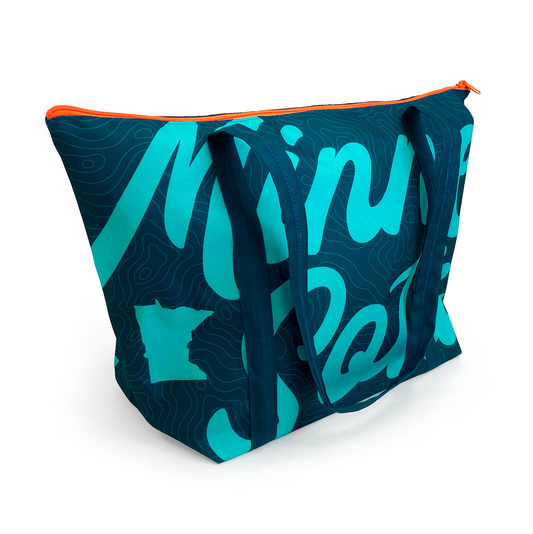 Blue MN tote bag with map pattern